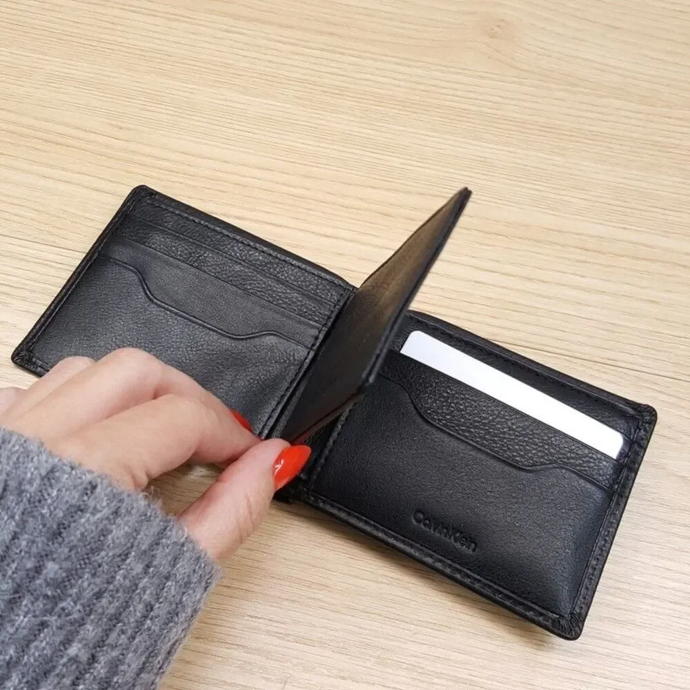 CALVIN KLEIN Mens Wallet Black Pebbled Leather Slimfold Removable Front Pocket